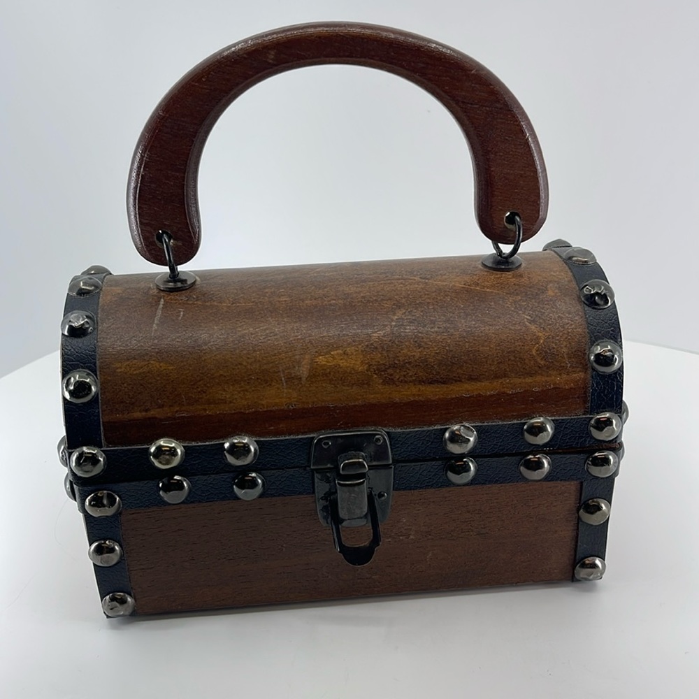 Vtg Mid-Century 1960s Wood Treasure Chest Jewelry Trinket Purse made Hong Kong